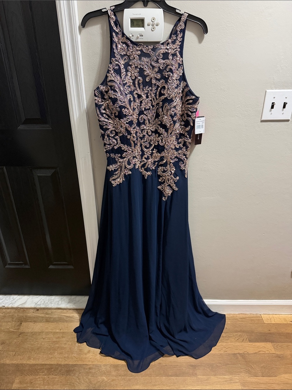Betsy & Adam Navy Gown with Rose Gold Lace Appliqué